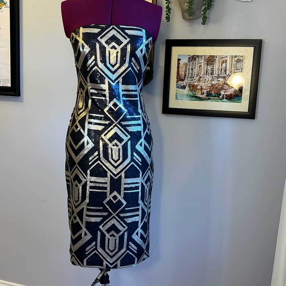 RALPH LAUREN Black Gold Sequin Modern Geometric Strapless Evening Dress - Size 8